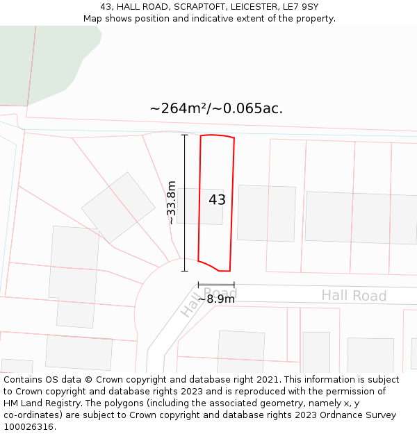 43, HALL ROAD, SCRAPTOFT, LEICESTER, LE7 9SY: Plot and title map