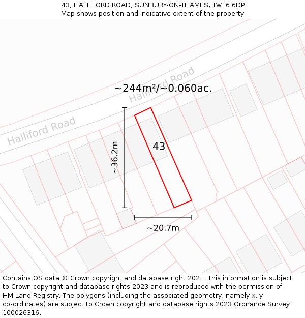 43, HALLIFORD ROAD, SUNBURY-ON-THAMES, TW16 6DP: Plot and title map