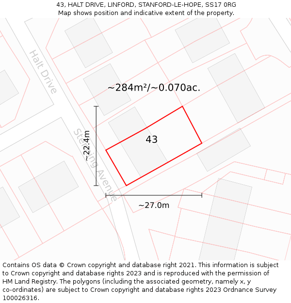 43, HALT DRIVE, LINFORD, STANFORD-LE-HOPE, SS17 0RG: Plot and title map