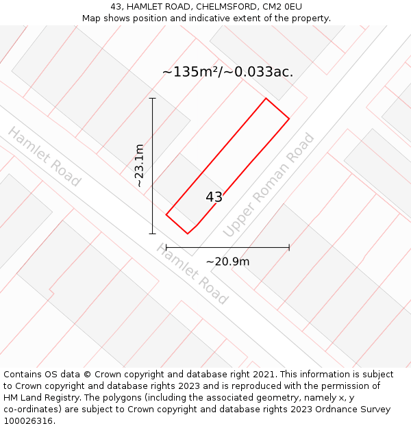 43, HAMLET ROAD, CHELMSFORD, CM2 0EU: Plot and title map