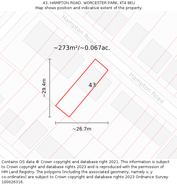 43, HAMPTON ROAD, WORCESTER PARK, KT4 8EU: Plot and title map
