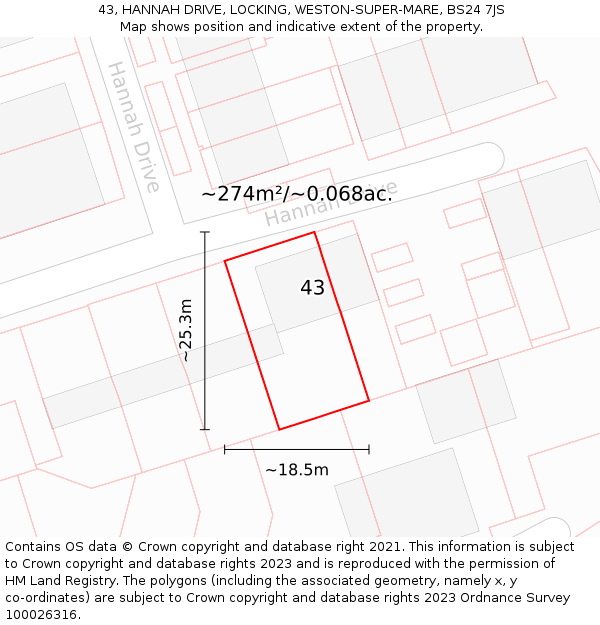 43, HANNAH DRIVE, LOCKING, WESTON-SUPER-MARE, BS24 7JS: Plot and title map