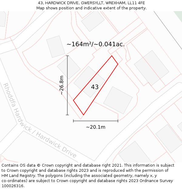 43, HARDWICK DRIVE, GWERSYLLT, WREXHAM, LL11 4FE: Plot and title map