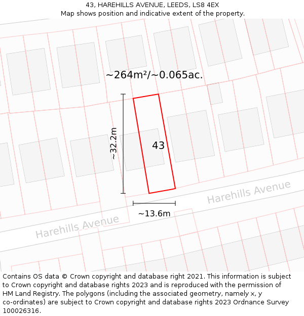 43, HAREHILLS AVENUE, LEEDS, LS8 4EX: Plot and title map