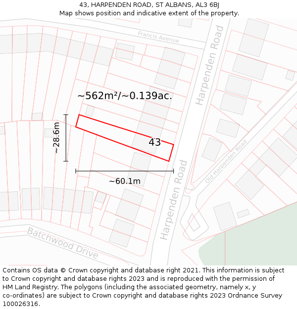 43, HARPENDEN ROAD, ST ALBANS, AL3 6BJ: Plot and title map