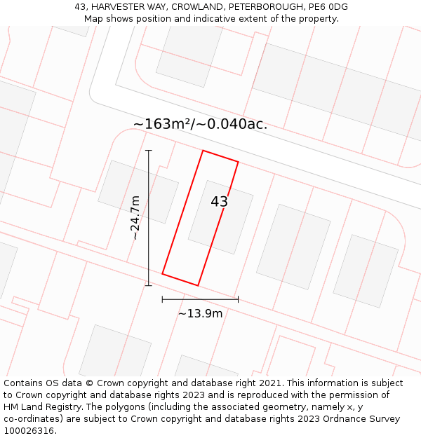 43, HARVESTER WAY, CROWLAND, PETERBOROUGH, PE6 0DG: Plot and title map