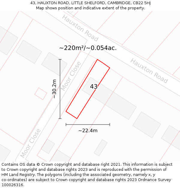 43, HAUXTON ROAD, LITTLE SHELFORD, CAMBRIDGE, CB22 5HJ: Plot and title map