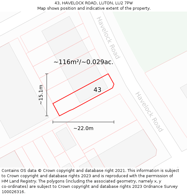43, HAVELOCK ROAD, LUTON, LU2 7PW: Plot and title map
