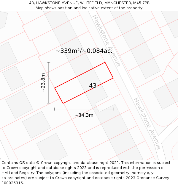 43, HAWKSTONE AVENUE, WHITEFIELD, MANCHESTER, M45 7PR: Plot and title map