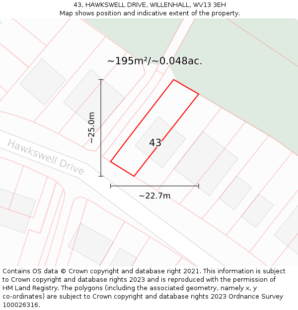 43, HAWKSWELL DRIVE, WILLENHALL, WV13 3EH: Plot and title map