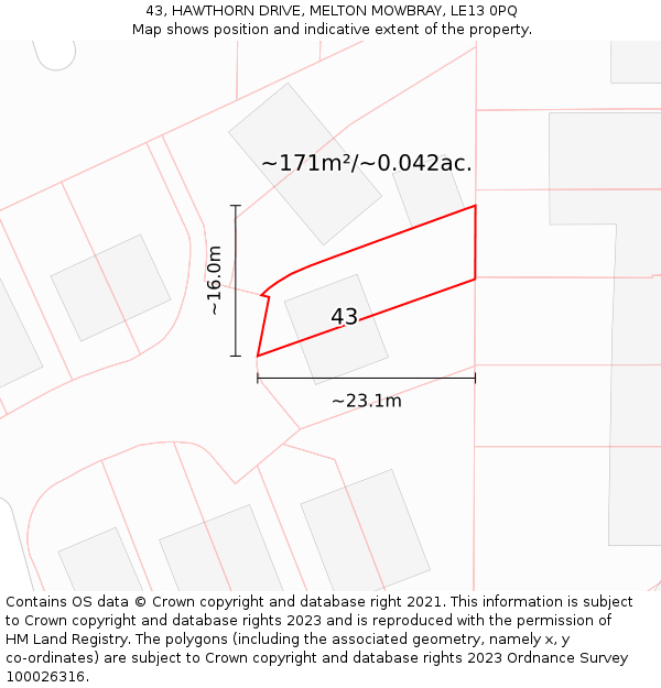 43, HAWTHORN DRIVE, MELTON MOWBRAY, LE13 0PQ: Plot and title map