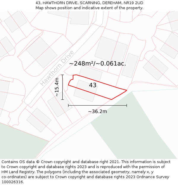 43, HAWTHORN DRIVE, SCARNING, DEREHAM, NR19 2UD: Plot and title map