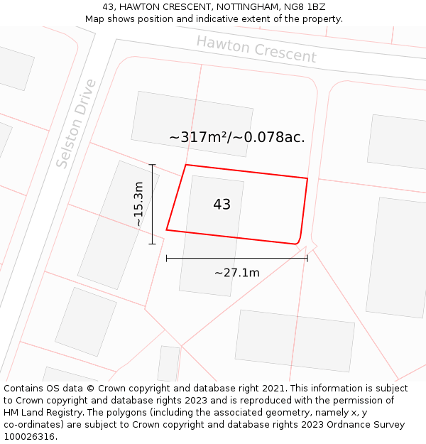 43, HAWTON CRESCENT, NOTTINGHAM, NG8 1BZ: Plot and title map