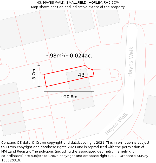 43, HAYES WALK, SMALLFIELD, HORLEY, RH6 9QW: Plot and title map