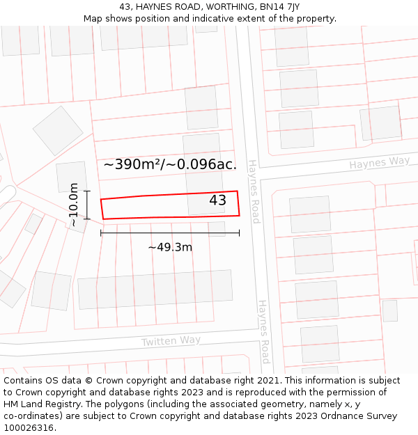 43, HAYNES ROAD, WORTHING, BN14 7JY: Plot and title map