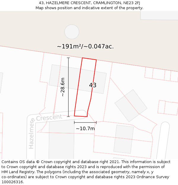 43, HAZELMERE CRESCENT, CRAMLINGTON, NE23 2FJ: Plot and title map