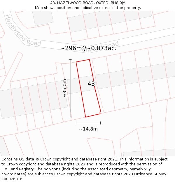 43, HAZELWOOD ROAD, OXTED, RH8 0JA: Plot and title map