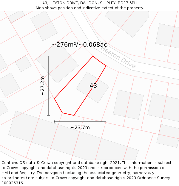 43, HEATON DRIVE, BAILDON, SHIPLEY, BD17 5PH: Plot and title map