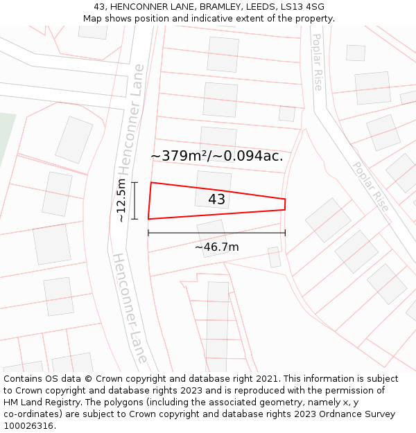 43, HENCONNER LANE, BRAMLEY, LEEDS, LS13 4SG: Plot and title map