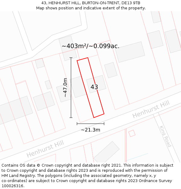 43, HENHURST HILL, BURTON-ON-TRENT, DE13 9TB: Plot and title map