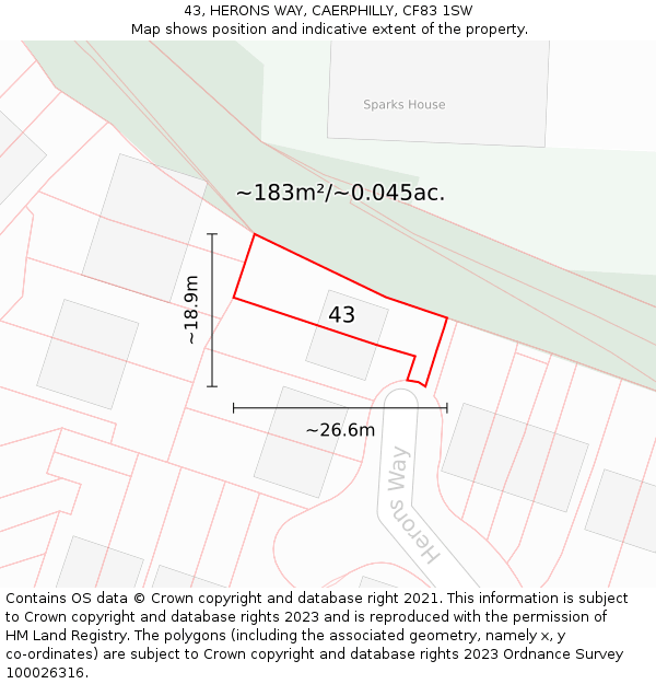 43, HERONS WAY, CAERPHILLY, CF83 1SW: Plot and title map