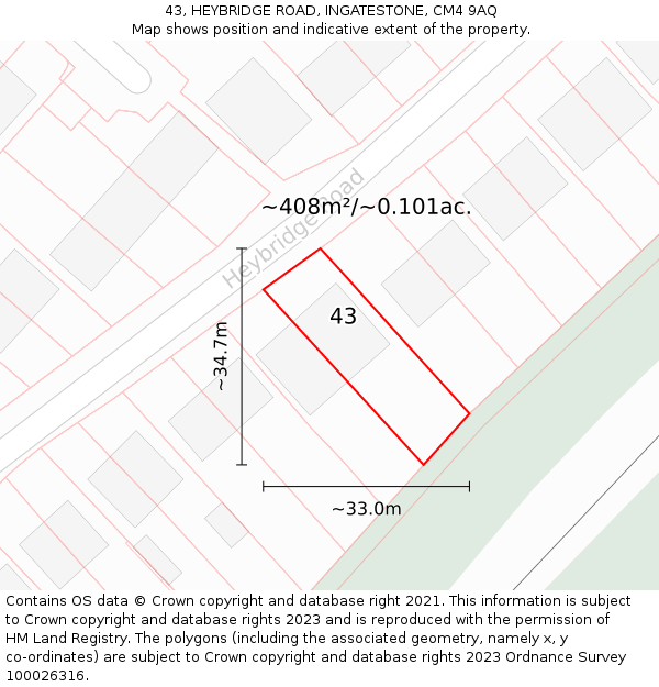 43, HEYBRIDGE ROAD, INGATESTONE, CM4 9AQ: Plot and title map