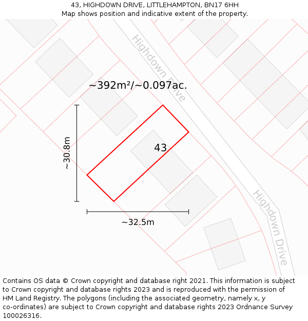 43, HIGHDOWN DRIVE, LITTLEHAMPTON, BN17 6HH: Plot and title map