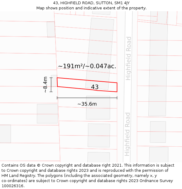 43, HIGHFIELD ROAD, SUTTON, SM1 4JY: Plot and title map