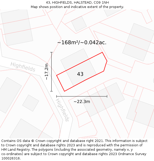 43, HIGHFIELDS, HALSTEAD, CO9 1NH: Plot and title map