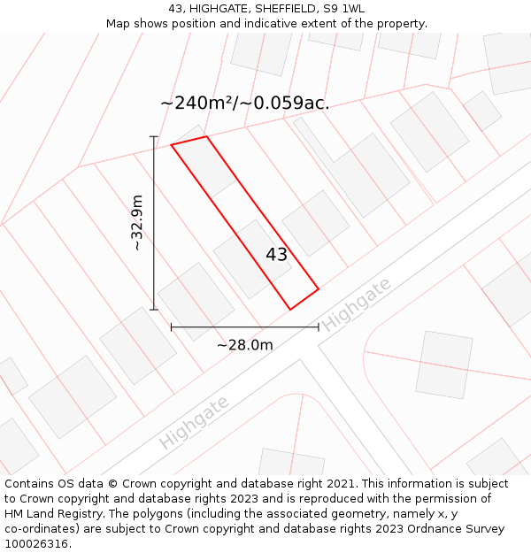 43, HIGHGATE, SHEFFIELD, S9 1WL: Plot and title map