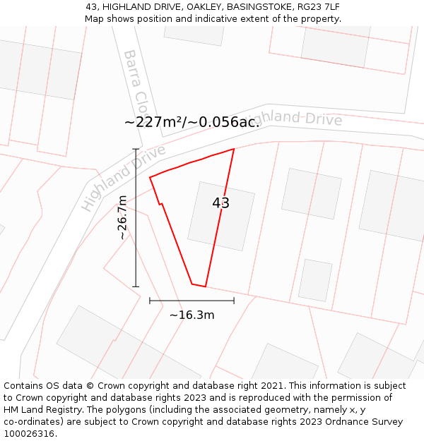 43, HIGHLAND DRIVE, OAKLEY, BASINGSTOKE, RG23 7LF: Plot and title map