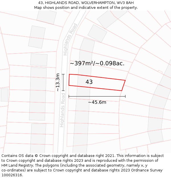 43, HIGHLANDS ROAD, WOLVERHAMPTON, WV3 8AH: Plot and title map