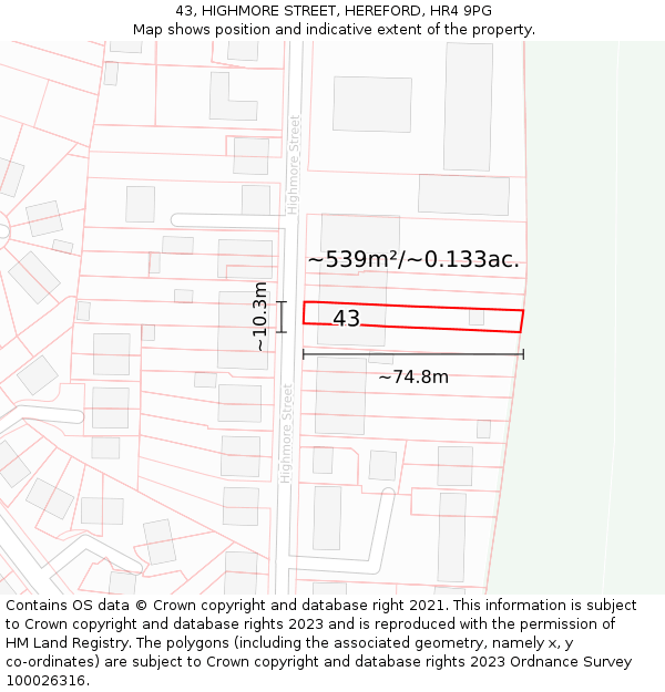 43, HIGHMORE STREET, HEREFORD, HR4 9PG: Plot and title map