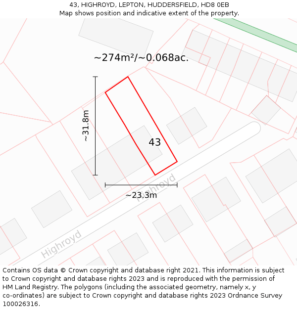 43, HIGHROYD, LEPTON, HUDDERSFIELD, HD8 0EB: Plot and title map