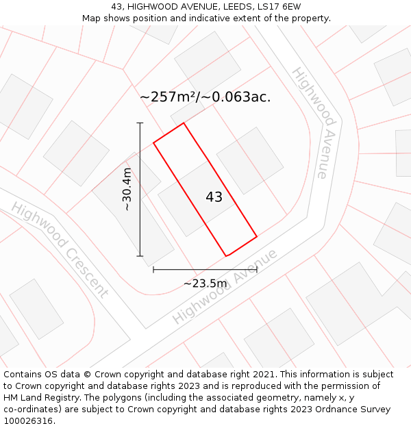 43, HIGHWOOD AVENUE, LEEDS, LS17 6EW: Plot and title map