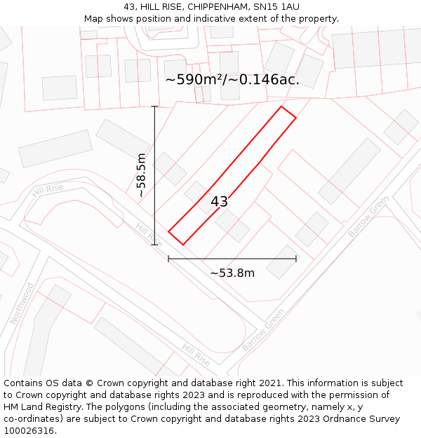 43, HILL RISE, CHIPPENHAM, SN15 1AU: Plot and title map