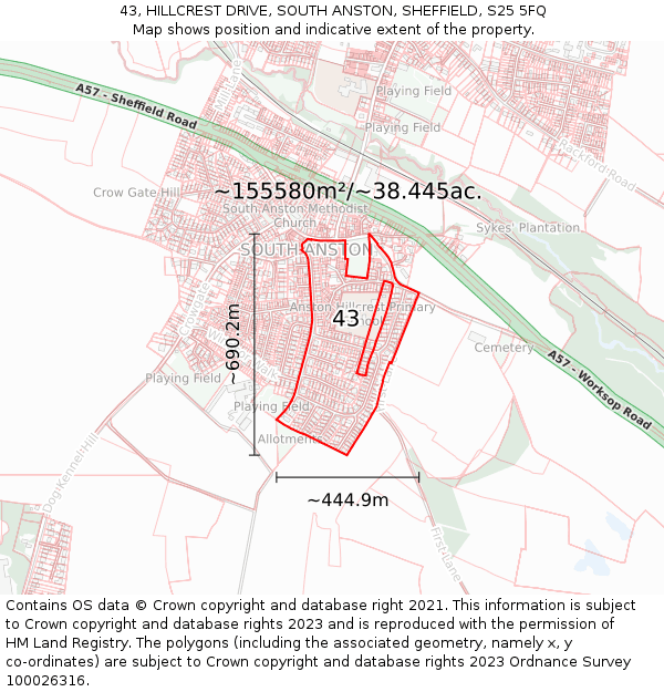 43, HILLCREST DRIVE, SOUTH ANSTON, SHEFFIELD, S25 5FQ: Plot and title map