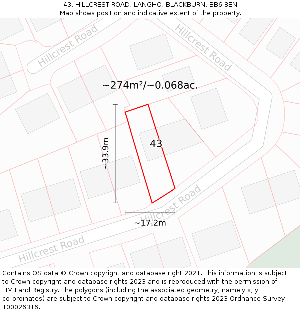 43, HILLCREST ROAD, LANGHO, BLACKBURN, BB6 8EN: Plot and title map