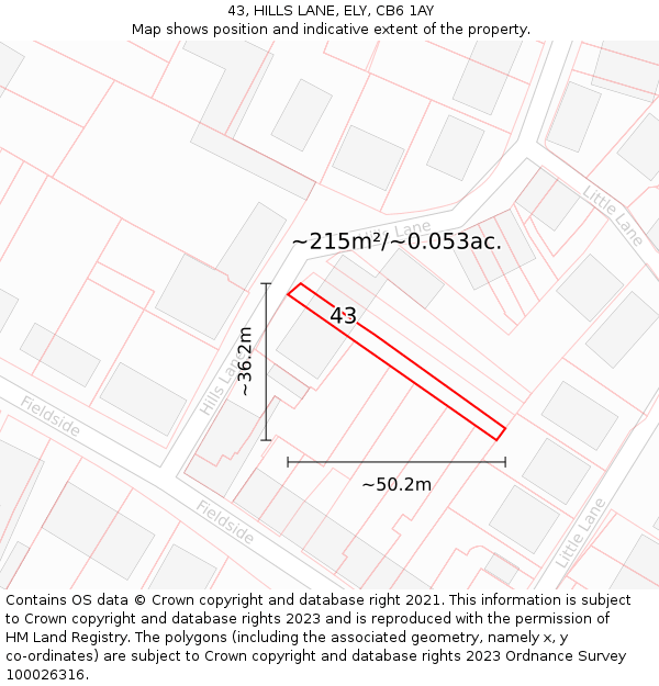 43, HILLS LANE, ELY, CB6 1AY: Plot and title map