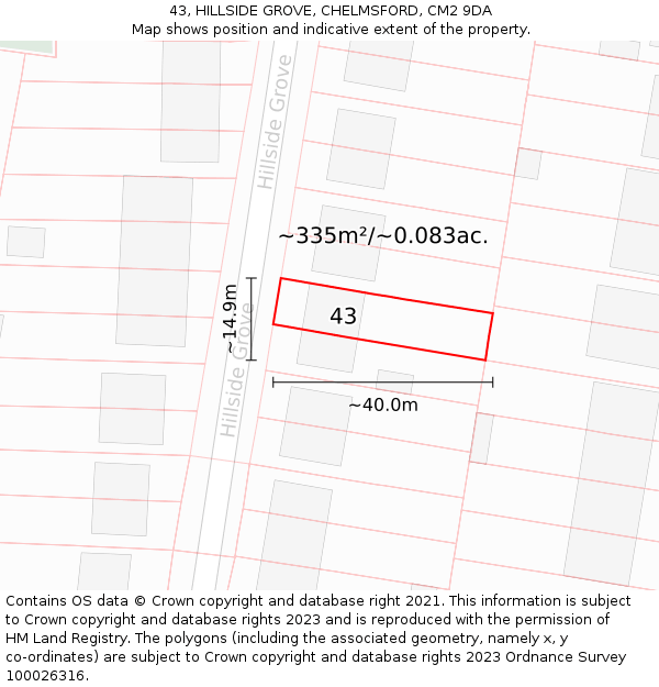 43, HILLSIDE GROVE, CHELMSFORD, CM2 9DA: Plot and title map