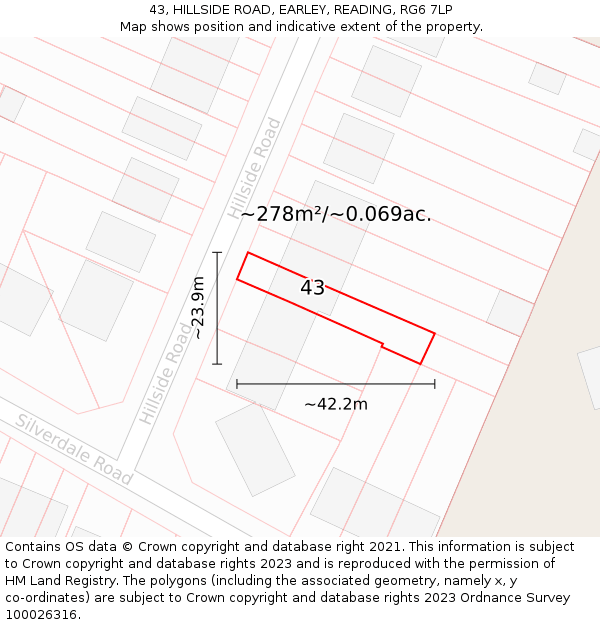 43, HILLSIDE ROAD, EARLEY, READING, RG6 7LP: Plot and title map
