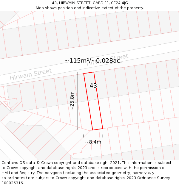 43, HIRWAIN STREET, CARDIFF, CF24 4JG: Plot and title map