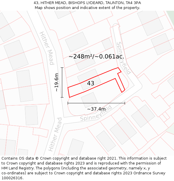 43, HITHER MEAD, BISHOPS LYDEARD, TAUNTON, TA4 3PA: Plot and title map