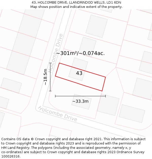 43, HOLCOMBE DRIVE, LLANDRINDOD WELLS, LD1 6DN: Plot and title map