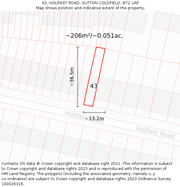 43, HOLIFAST ROAD, SUTTON COLDFIELD, B72 1AP: Plot and title map