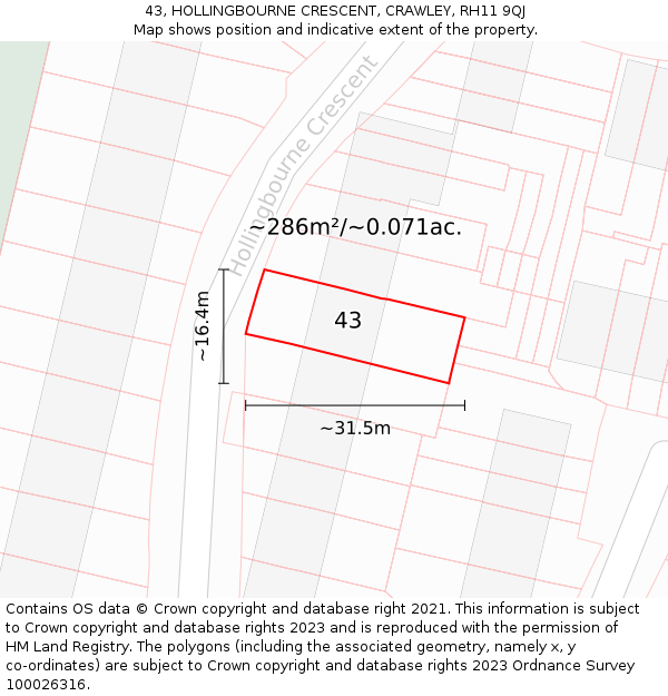 43, HOLLINGBOURNE CRESCENT, CRAWLEY, RH11 9QJ: Plot and title map
