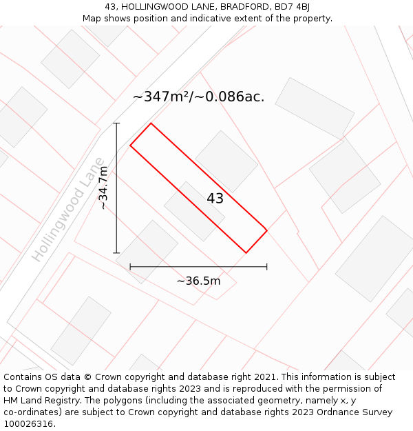 43, HOLLINGWOOD LANE, BRADFORD, BD7 4BJ: Plot and title map