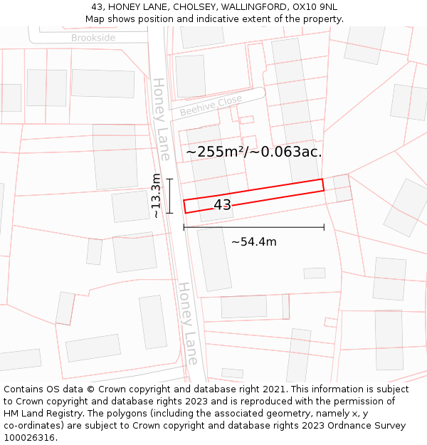 43, HONEY LANE, CHOLSEY, WALLINGFORD, OX10 9NL: Plot and title map
