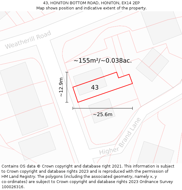 43, HONITON BOTTOM ROAD, HONITON, EX14 2EP: Plot and title map