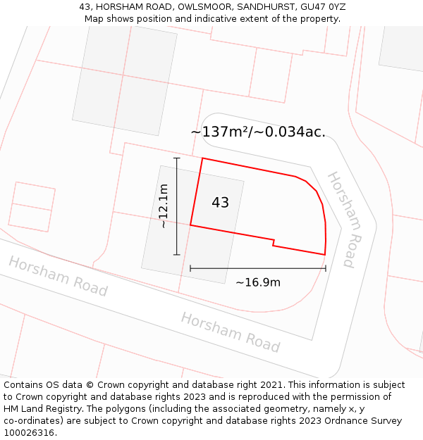 43, HORSHAM ROAD, OWLSMOOR, SANDHURST, GU47 0YZ: Plot and title map